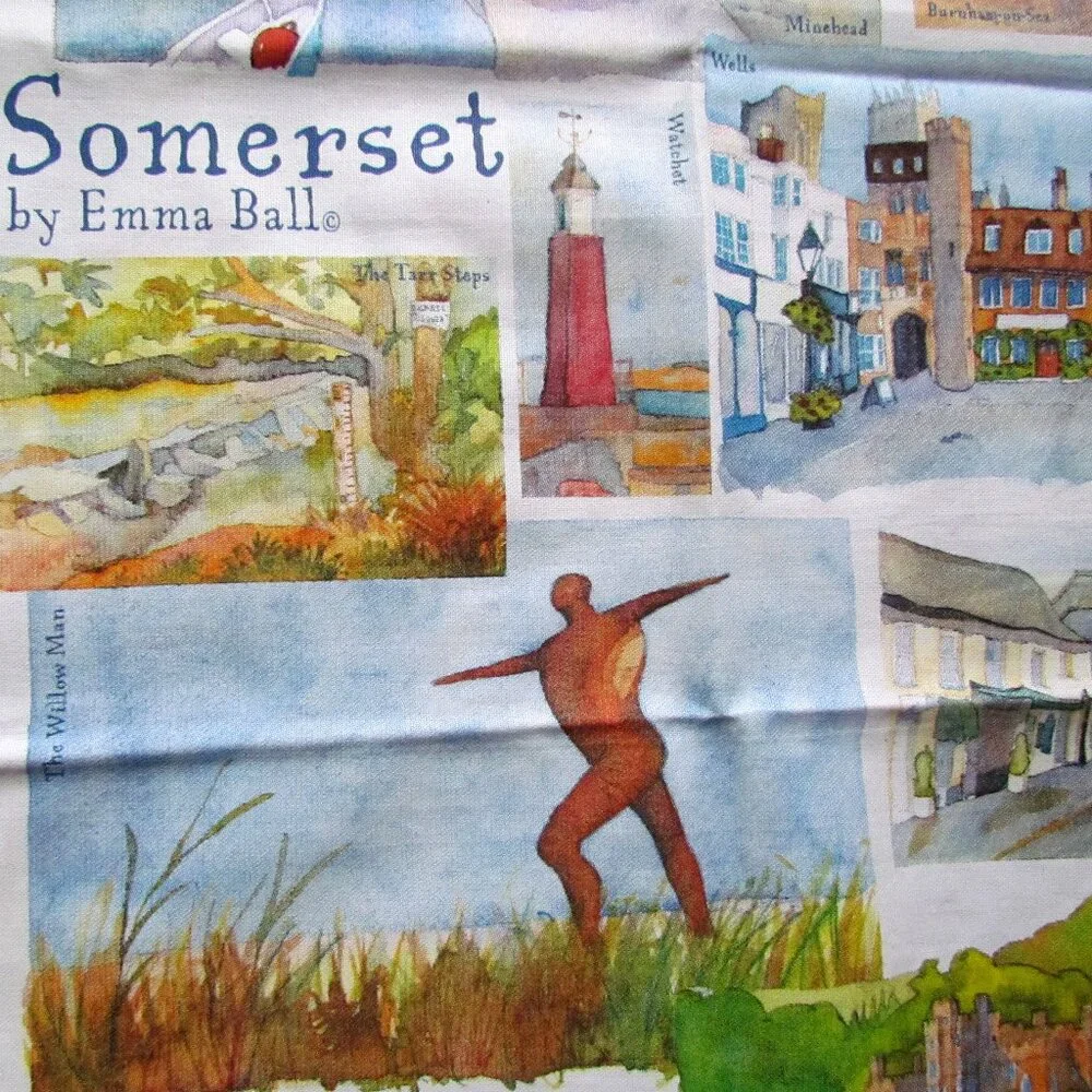 ENGLISH TEA TOWEL, SOMERSET SCENES in WATERCOLOR: BATH, DUNSTER CASTLE, WELLS ++